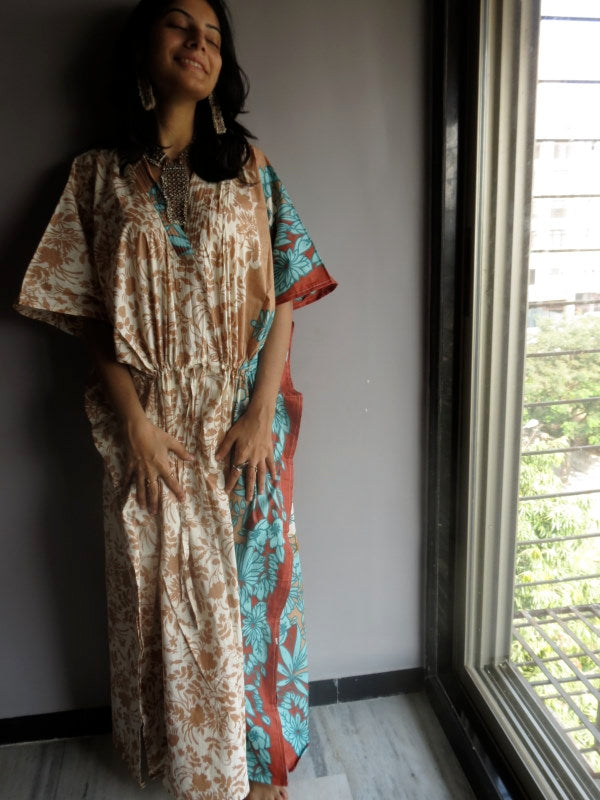 Fawn Leafy V-Neck, Ankle Length, Cinched Waist Caftan-F5 fabric Code