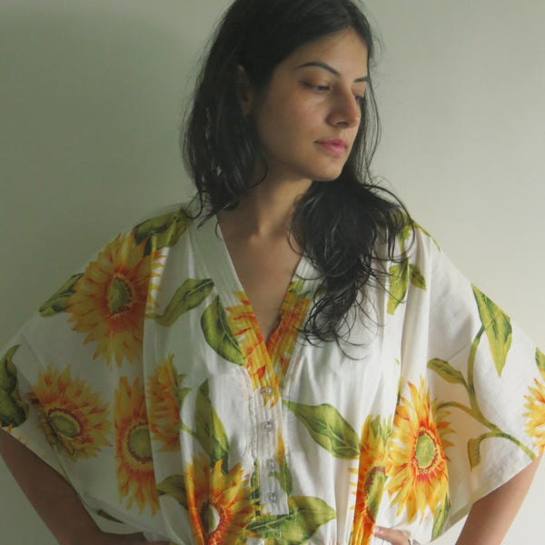 White Sunflower V-Neck Button Down to Waist, Ankle Length, Cinched Waist Caftan
