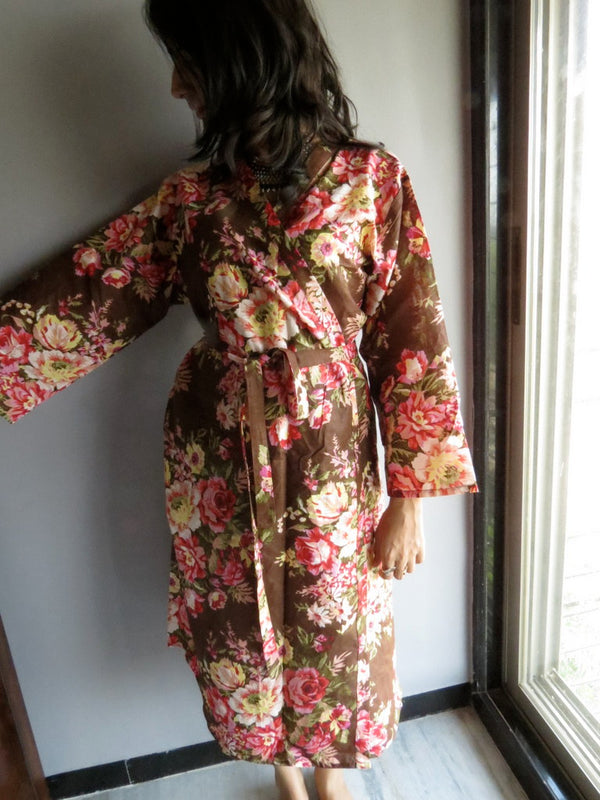 Brown Floral Ankle Length, Kimono Crossover Belted Robe-A2 fabric Code