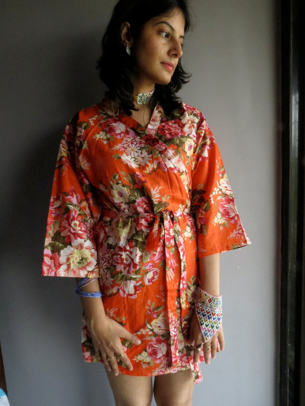 Orange Floral Knee Length, Kimono Crossover Belted Robe-A3 fabric Code