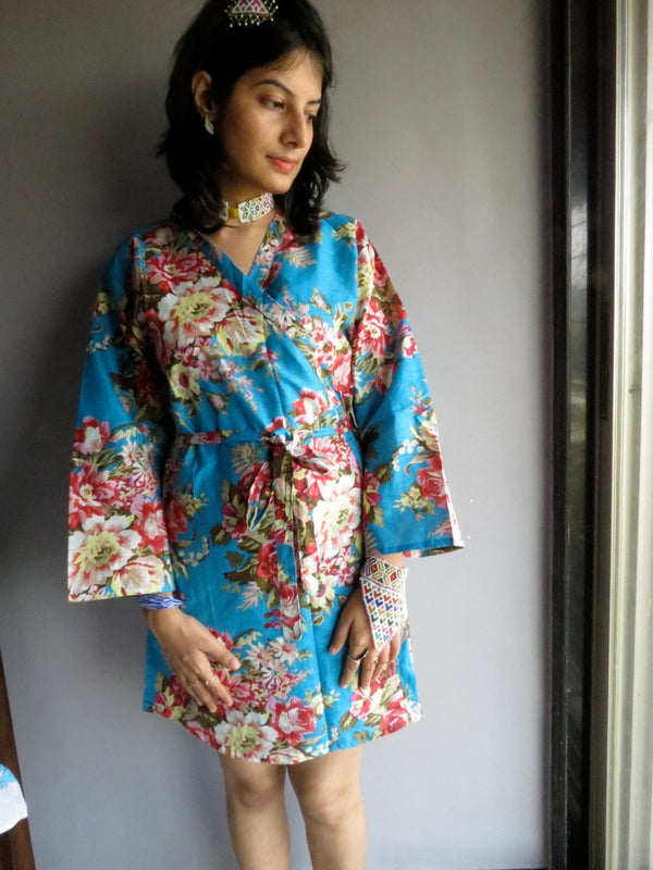 Blue Floral Knee Length, Kimono Crossover Belted Robe-A4 fabric Code