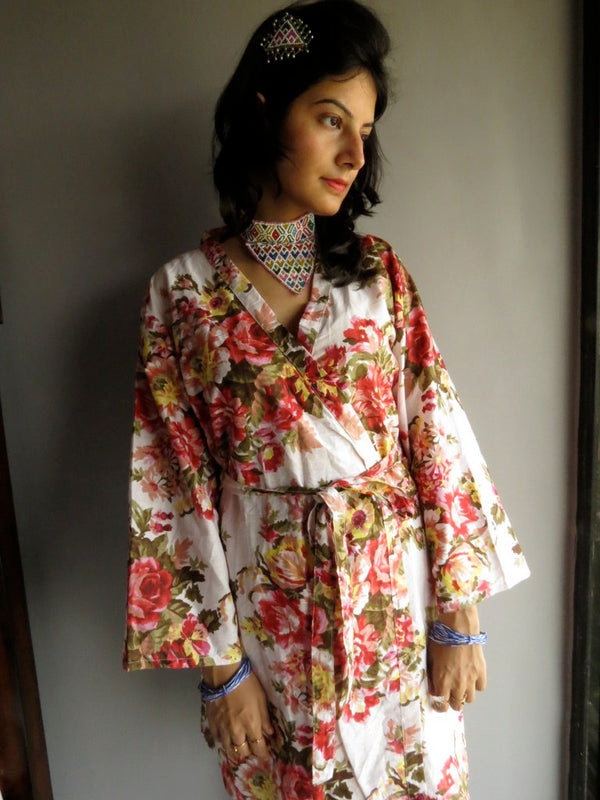 White Floral Knee Length, Kimono Crossover Belted Robe-A9 fabric Code
