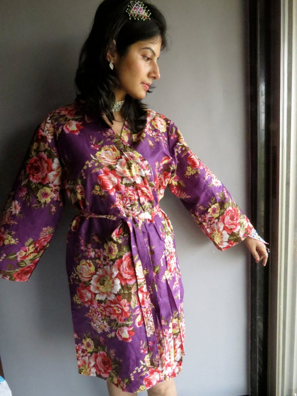 Purple Floral Knee Length, Kimono Crossover Belted Robe-A10 fabric Code