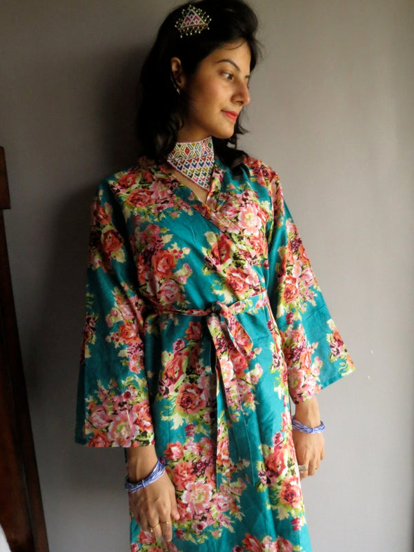 Teal Floral Knee Length, Kimono Crossover Belted Robe-C2 fabric Code