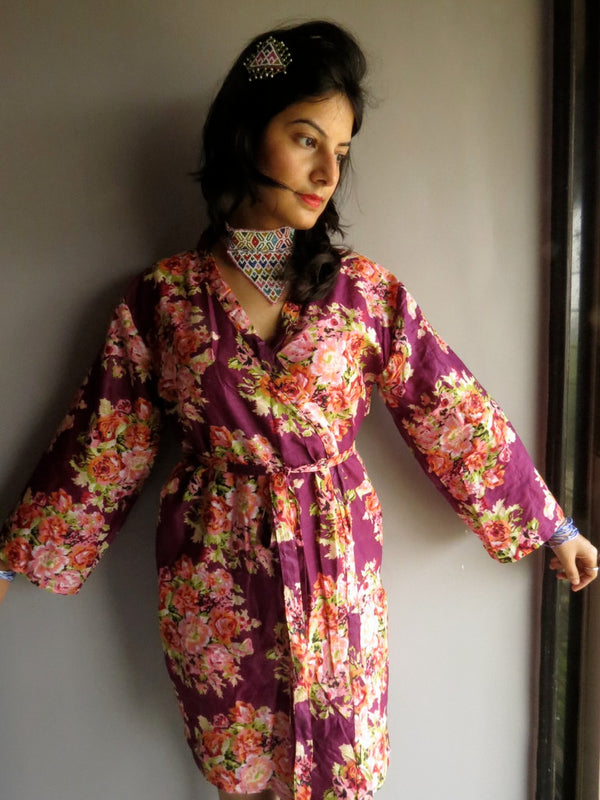 Purple Floral Knee Length, Kimono Crossover Belted Robe-C8 fabric Code