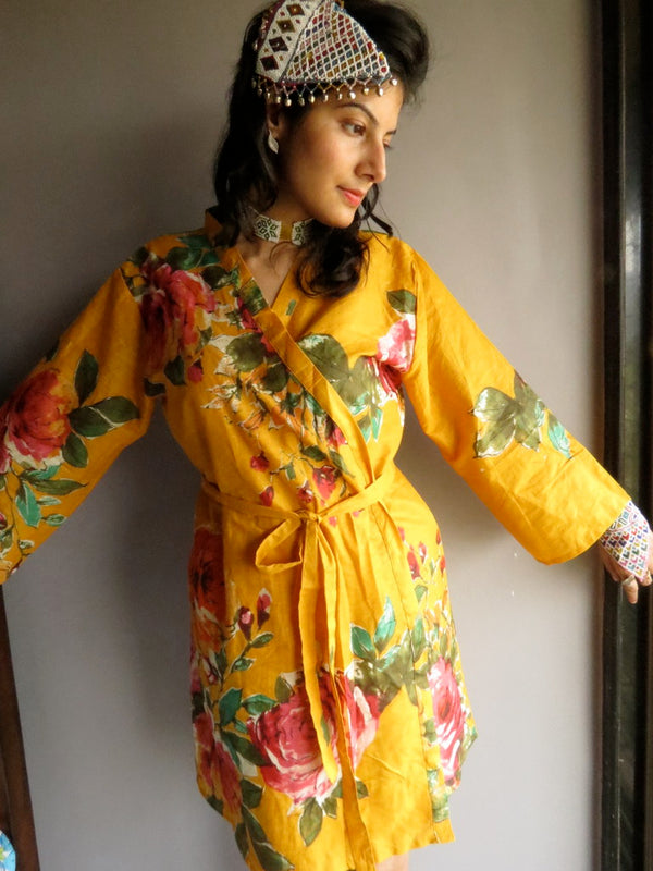 Yellow Floral Knee Length, Kimono Crossover Belted Robe-D9 fabric Code