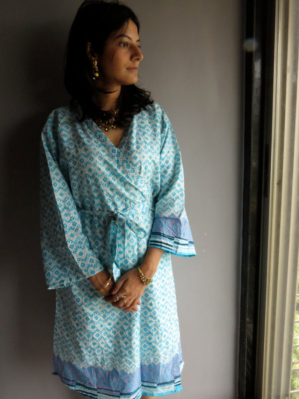 Light Blue Chevron Knee Length, Kimono Crossover Belted Robe