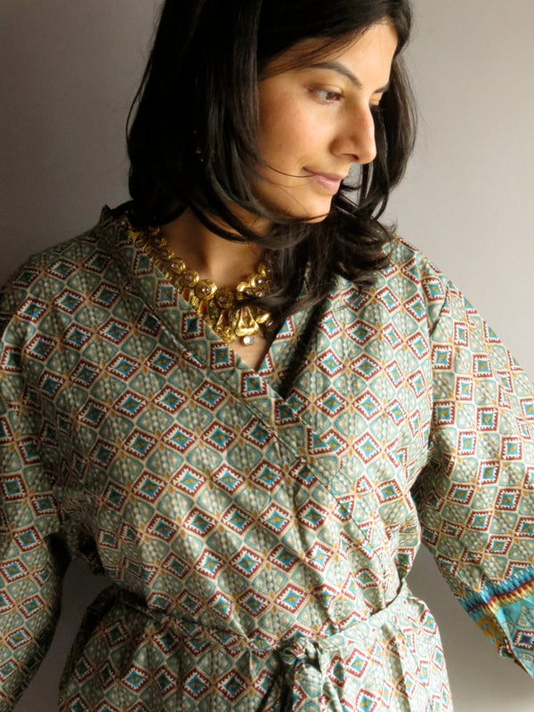 Blue Plaid Knee Length, Kimono Crossover Belted Robe