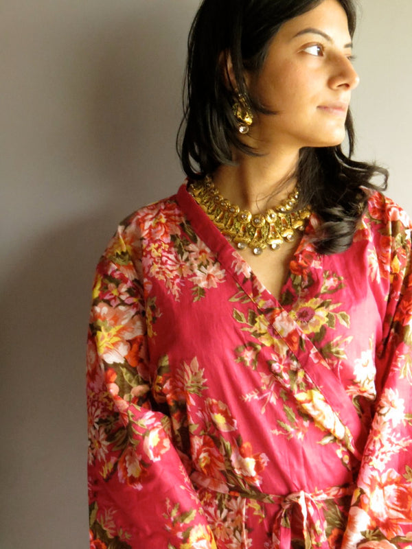 Magenta Floral Ankle Length, Kimono Crossover Belted Robe-A6 fabric Code
