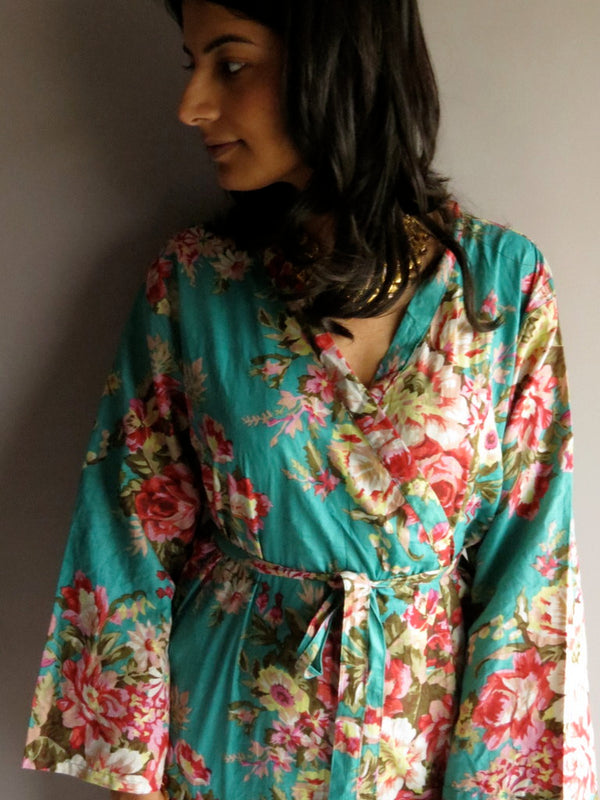 Teal Floral Ankle Length, Kimono Crossover Belted Robe-A1 fabric Code