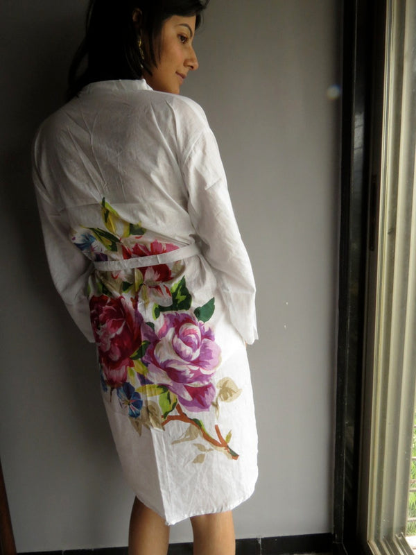 White Single Flower Knee Length, Kimono Crossover Belted Robe