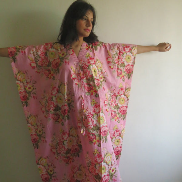 Pink Floral Rosy Red Posy V-Neck Button Down to Waist, Ankle Length, Cinched Waist Caftan