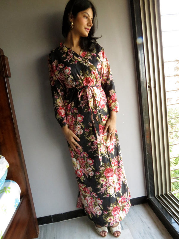 Black Floral Ankle Length, Kimono Crossover Belted Robe