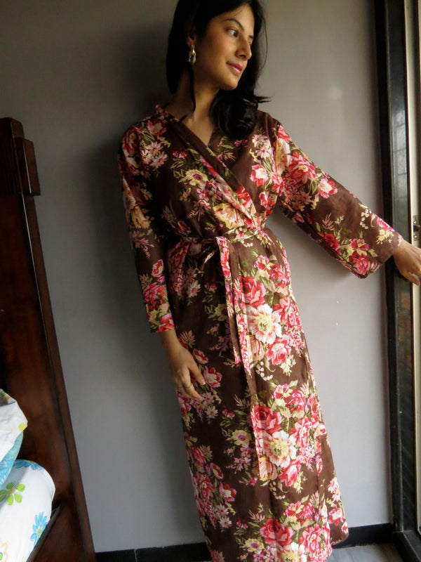 Brown Floral Ankle Length, Kimono Crossover Belted Robe-A2 fabric Code