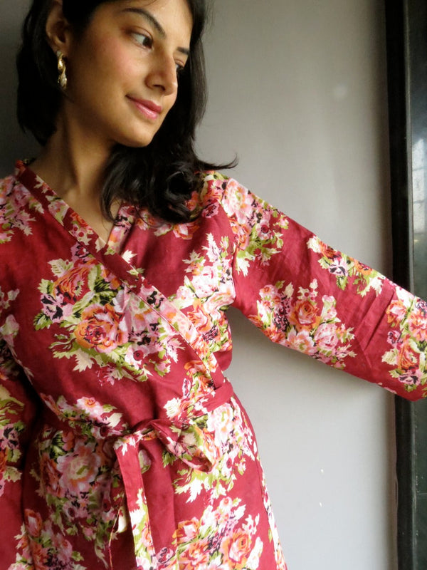 Maroon Floral Knee Length, Kimono Crossover Belted Robe- C3 fabric Code