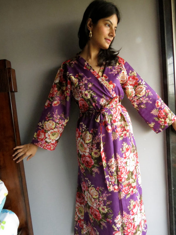 Purple Floral Ankle Length, Kimono Crossover Belted Robe-A10 fabric Code