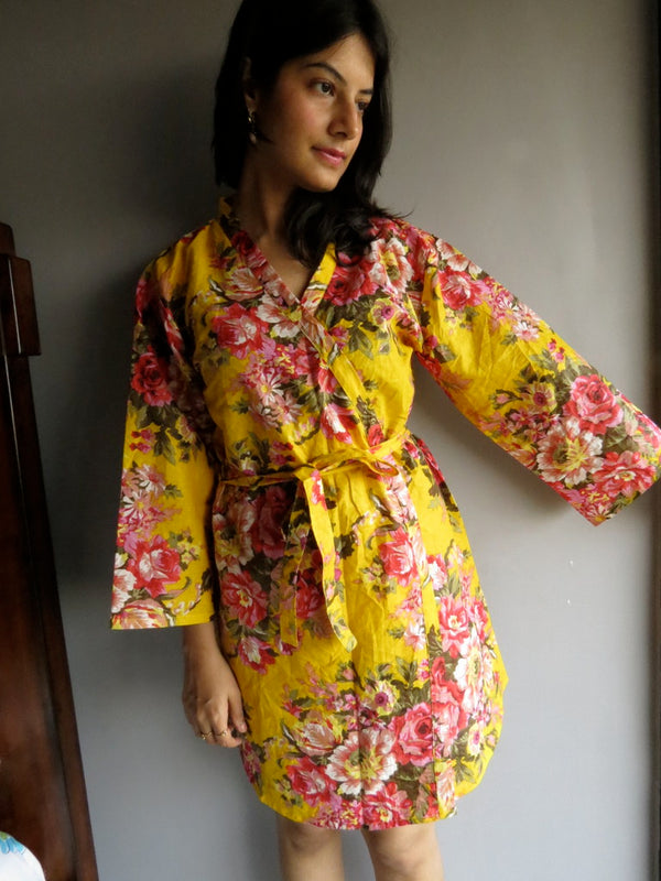 Yellow Floral Knee Length, Kimono Crossover Belted Robe-A7 fabric Code