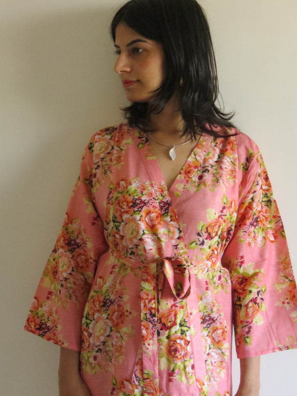Coral Floral Knee Length, Kimono Crossover Belted Robe