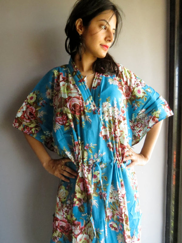 Blue Floral Rosy Red Posy V-Neck, Ankle Length, Cinched Waist Caftan