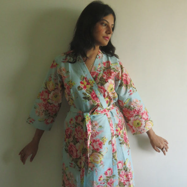 Light Blue Floral Knee Length, Kimono Crossover Belted Robe
