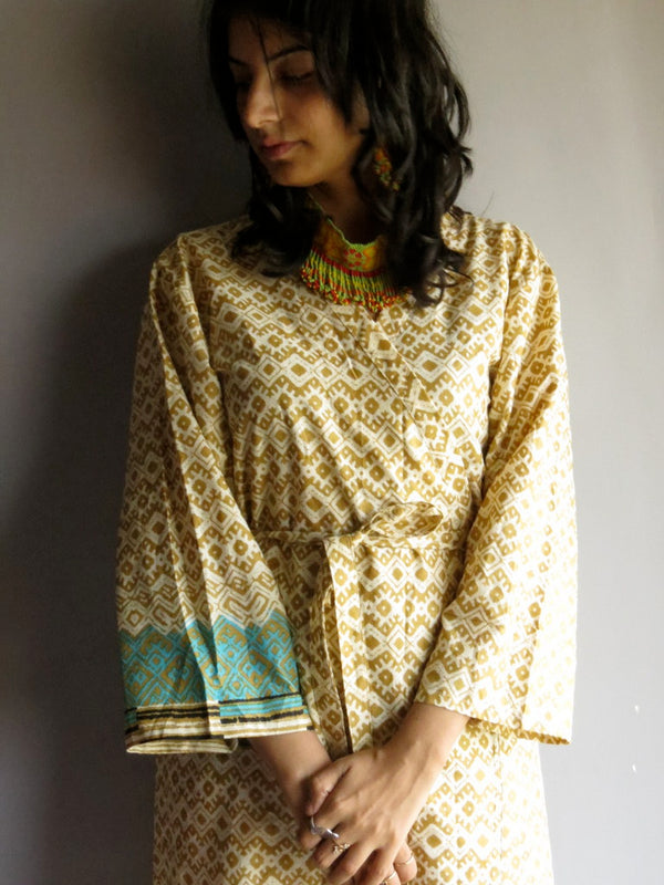 Cream Brown Chevron Knee Length, Kimono Crossover Belted Robe