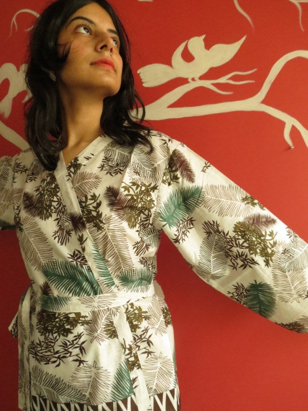 White Green Brown Knee Length, Kimono Crossover Belted Robe