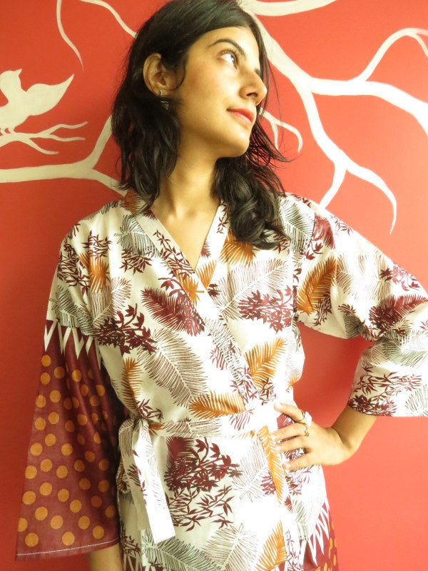 White Maroon leafy Knee Length, Kimono Crossover Belted Robe
