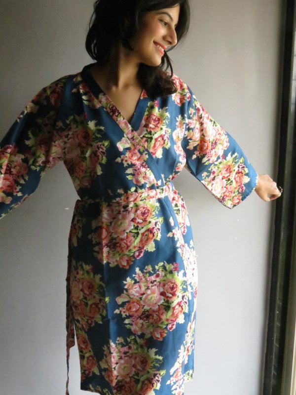 Dark Blue Floral Knee Length, Kimono Crossover Belted Robe-C12 fabric Code