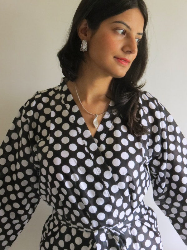 Black Polka Dots Knee Length, Kimono Crossover Belted Robe