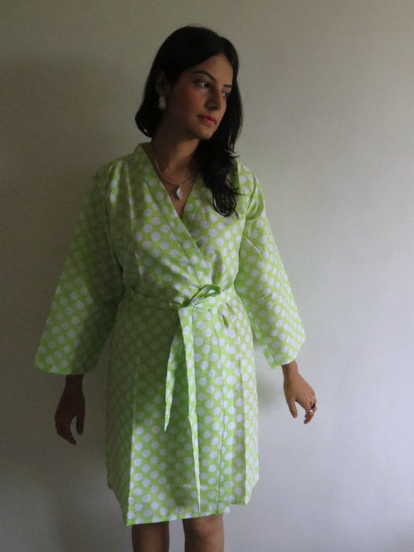 Green Polka Dots Knee Length, Kimono Crossover Belted Robe