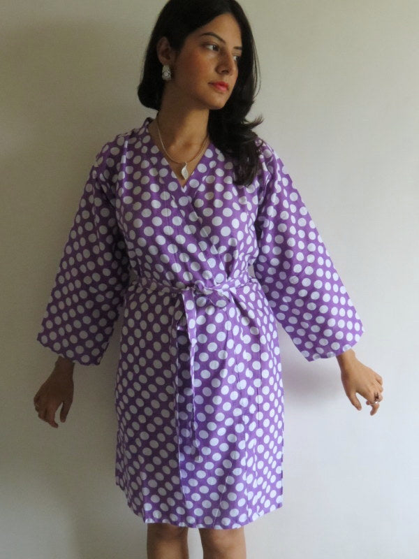 Lilac Polka Dots Knee Length, Kimono Crossover Belted Robe