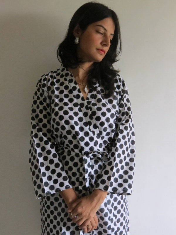 White Polka Dots Knee Length, Kimono Crossover Belted Robe