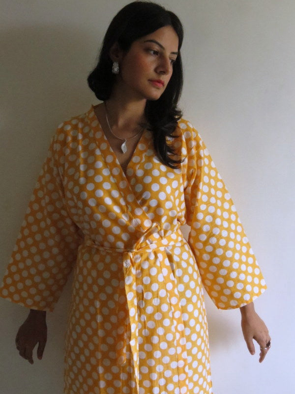 Yellow Polka Dots Knee Length, Kimono Crossover Belted Robe