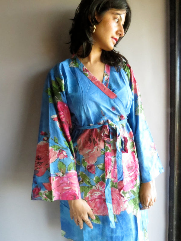 Blue Floral Knee Length, Kimono Crossover Belted Robe-E2 fabric Code