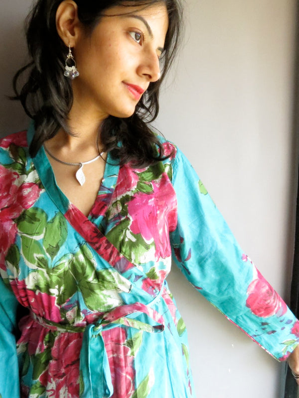 Teal Floral Ankle Length, Kimono Crossover Belted Robe-E7 fabric Code