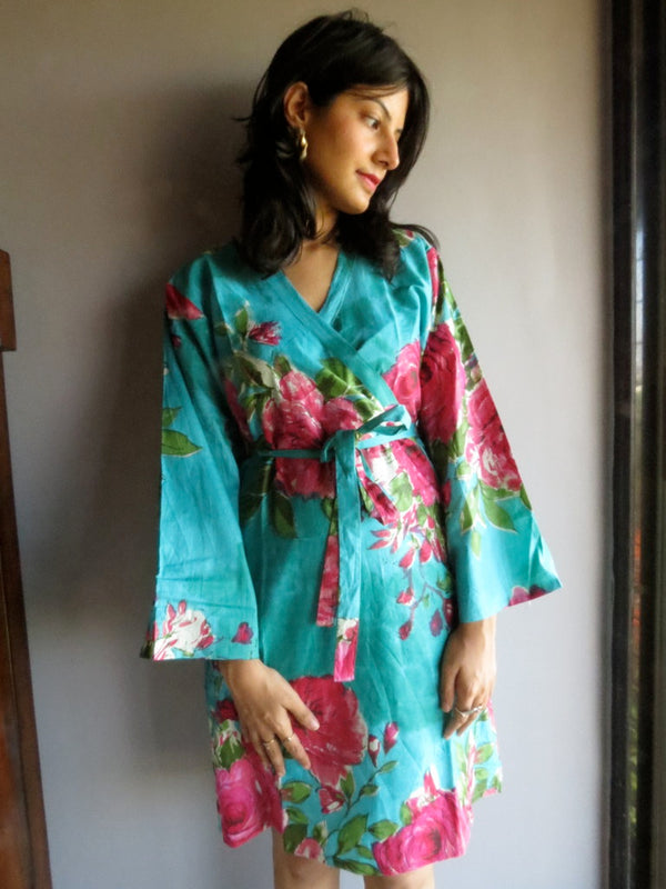 Teal Floral Knee Length, Kimono Crossover Belted Robe-E7 fabric Code