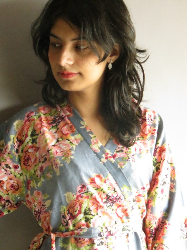 Gray Floral Knee Length, Kimono Crossover Belted Robe-C13 fabric Code