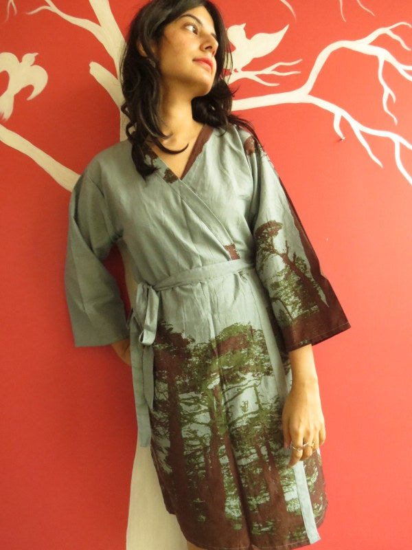 Gray Tree of Life Knee Length, Kimono Crossover Belted Robe