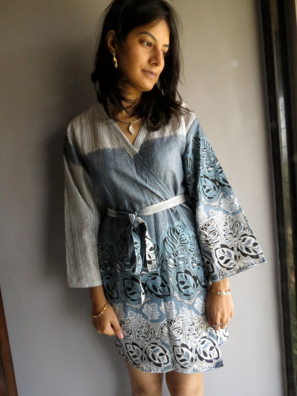 Gray Striped Knee Length, Kimono Crossover Belted Robe