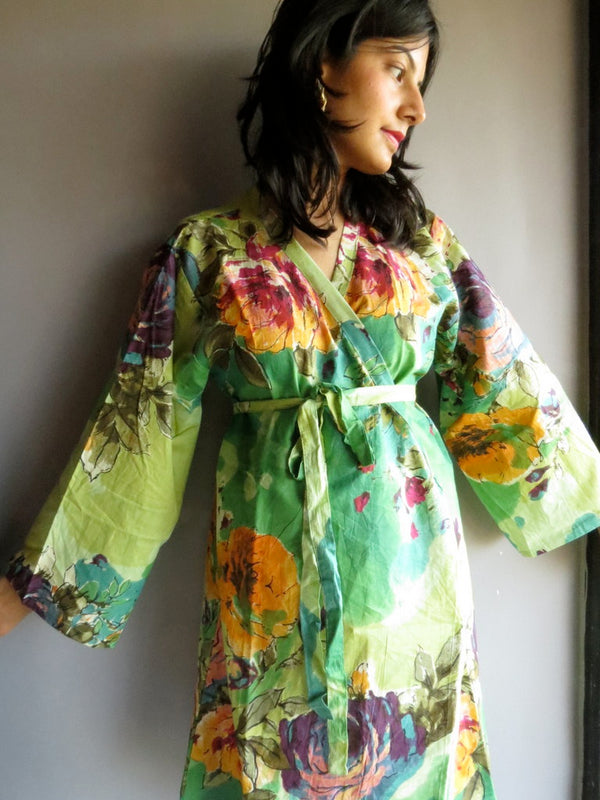 Green Big Floral Knee Length, Kimono Crossover Belted Robe