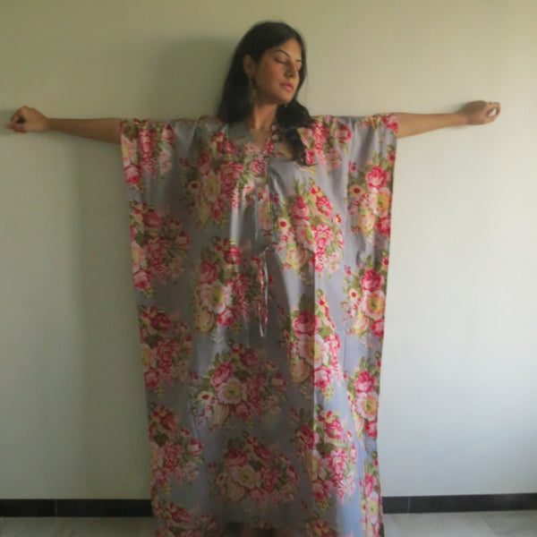 Gray Floral Rosy Red Posy V-Neck Button Down to Waist, Ankle Length, Cinched Waist Caftan