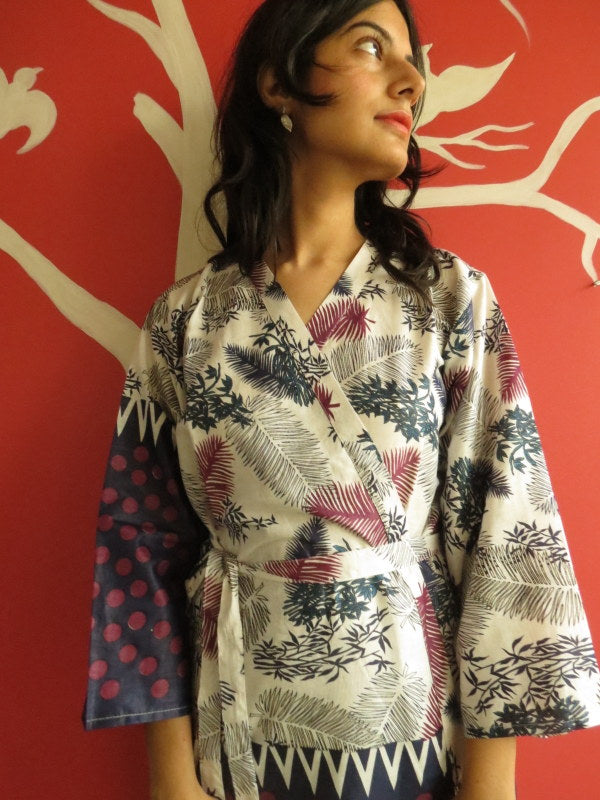 White Blue Leafy Knee Length, Kimono Crossover Belted Robe