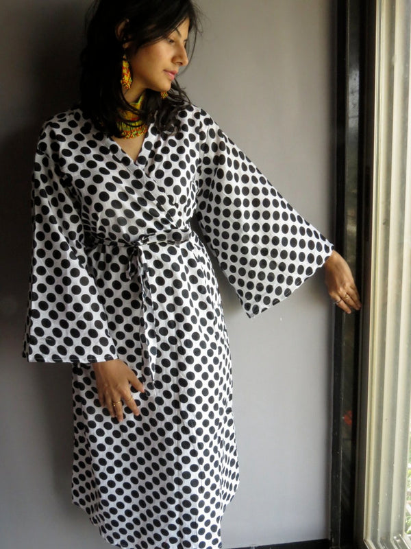 White Black Dots MidCalf Length, Kimono Crossover Belted Robe