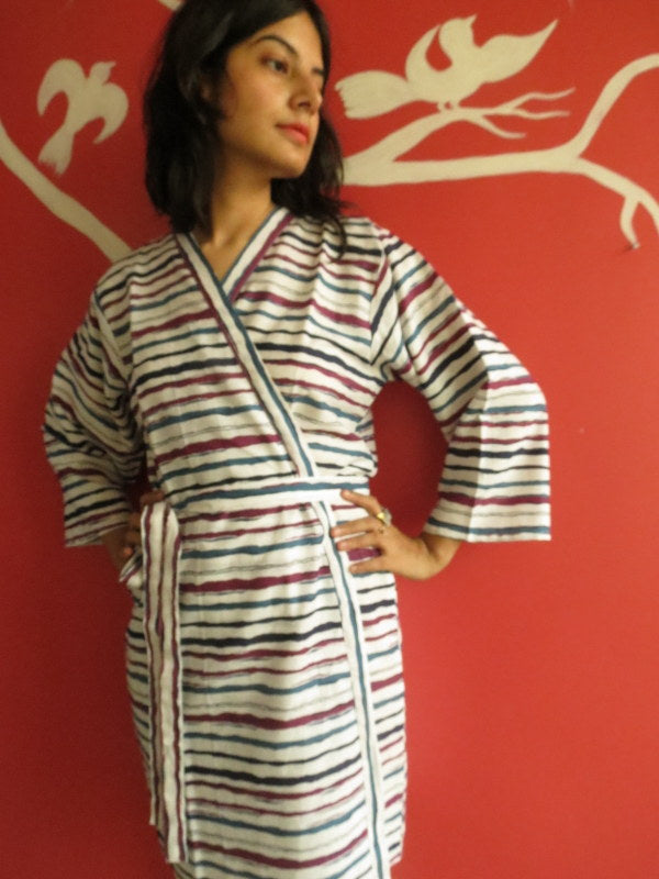 White Blue Striped Knee Length, Kimono Crossover Belted Robe