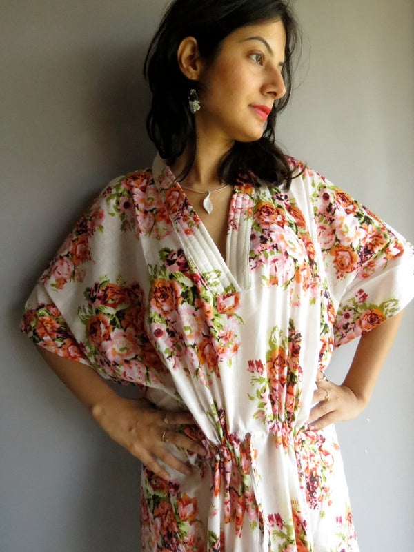 White Floral Posy V-Neck, Ankle Length, Cinched Waist Caftan