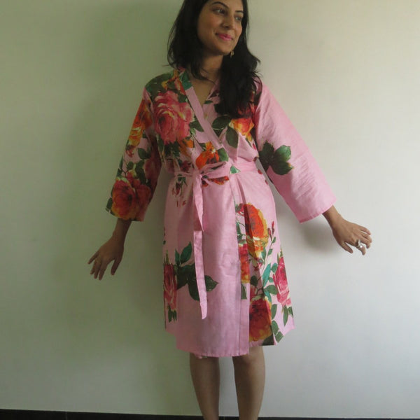 Pink Big Floral Knee Length, Kimono Crossover Belted Robe