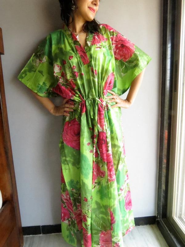 Green Fuchsia Large Floral Blossom V-Neck, Ankle Length, Cinched Waist Caftan