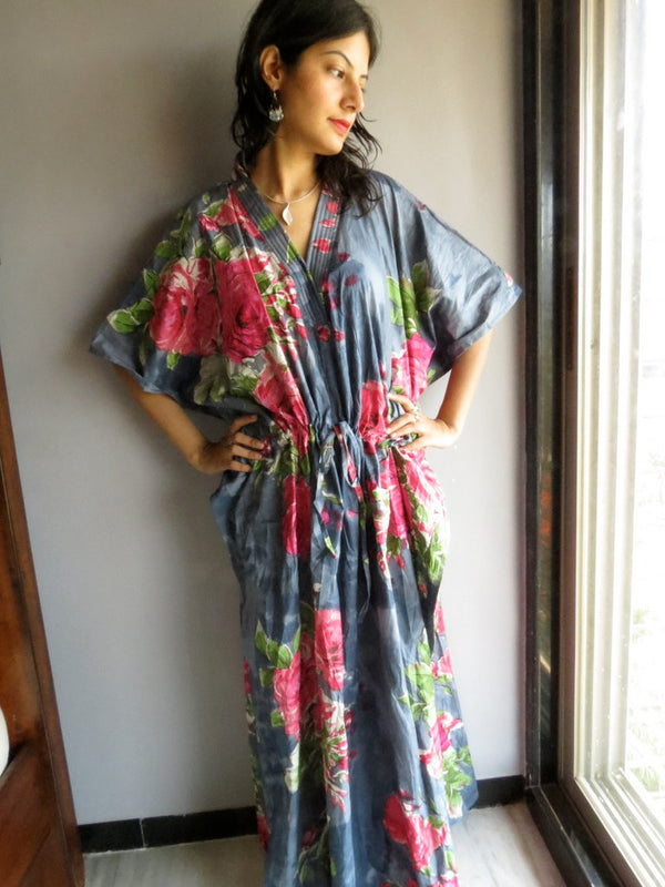 Gray Fuchsia Large Floral Blossom V-Neck, Ankle Length, Cinched Waist Caftan