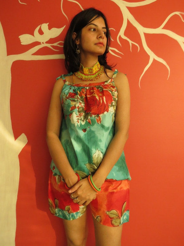 Red Teal Floral Shorts