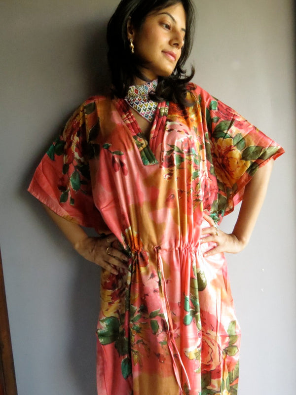 Coral Large Floral Blossom V-Neck, Ankle Length, Cinched Waist Caftan